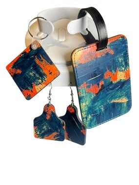 Hand-Crafted Abstract Luggage Tag & Keychain & Earrings Set New W/O Tags
